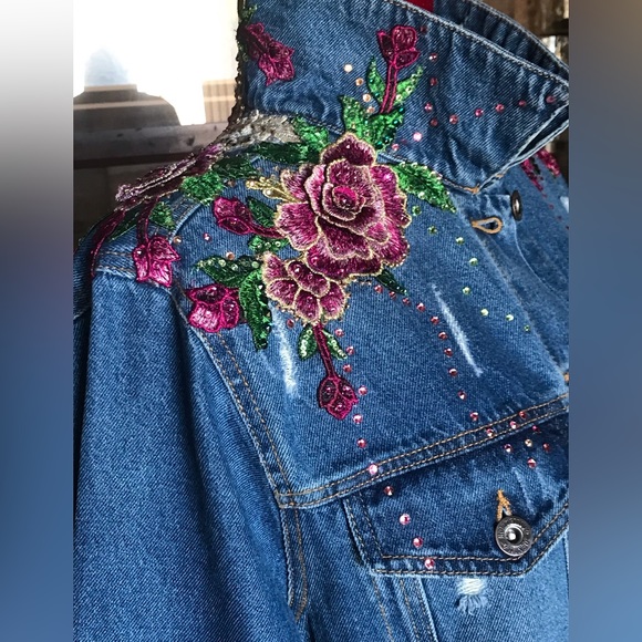 Victorian Rose Embellished Denim Duster- Unique - Picture 13 of 13